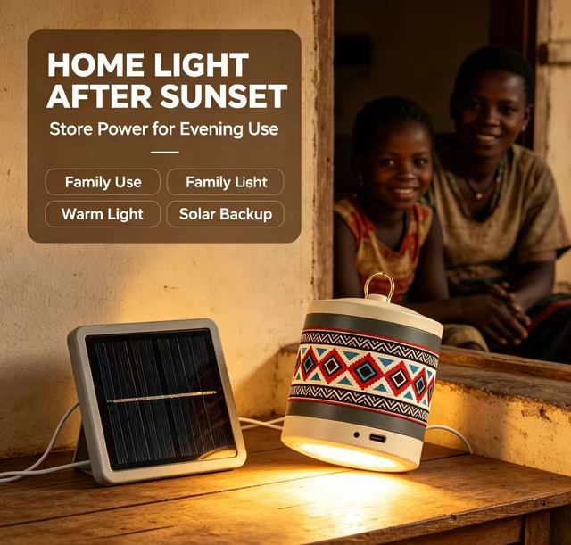 Family using warm solar light at home in the evening