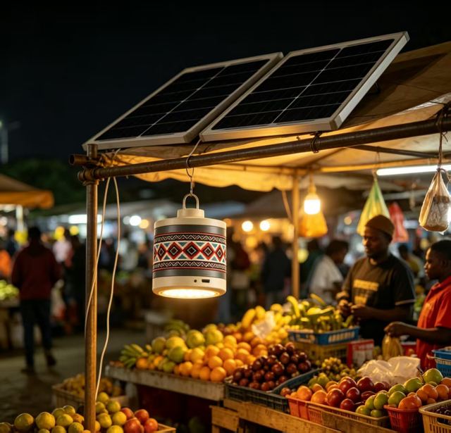 Solar light hanging over a fruit market stall at night